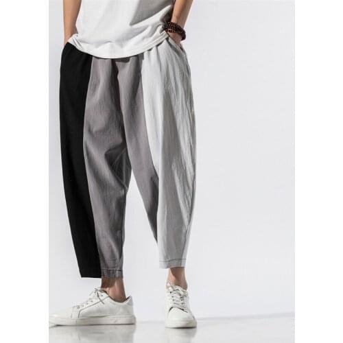 2021 Men Casual Solid Color Baggy Pants Men Cotton Linen Harem Pants Male Patchwork Sweatpants Trendy Loose Trousers
