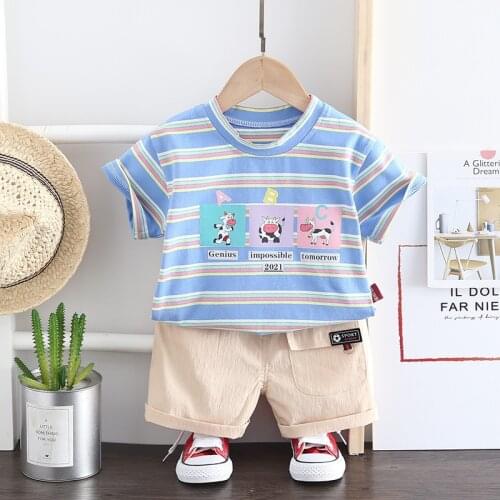 New Summer Baby Boys Girls Fashion Casual Clothes Suit Kids Infant Cartoon Striped+Shorts Cute Children Cotton Clothing 0-4 Year