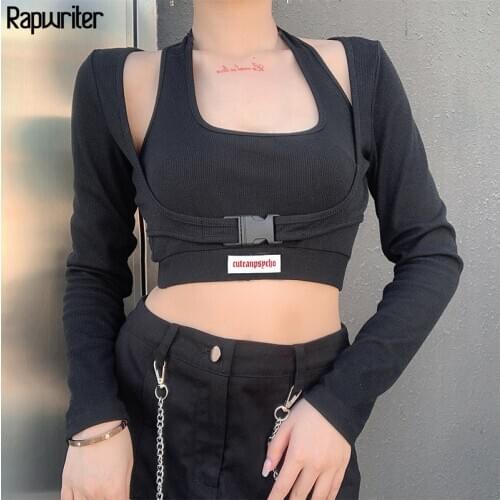 Fake 2 Pieces Rib Fabric Long Sleeve Buckle Halter Woman Tshirts Sexy Slim Ladies 2020 Hot Crop Tops Tee Shirt Clothes Rapwriter