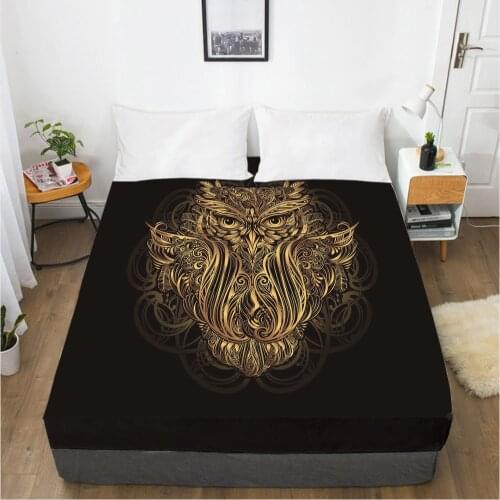 Fitted Sheets Mattress Cover With Elastic Band Bed Sheet Linens Bedsheet 90x200 200x200 200x220 Size 3D Printed Black Golden owl