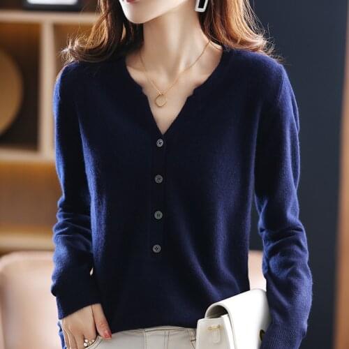 Autumn Winter New Pure Wool Sweater Womens Pullover Half-Open Small V-Neck Pure Color Casual Cashmere Knitted Bottoming Shirt