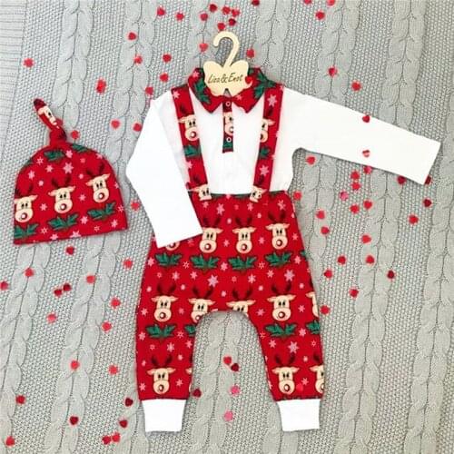 Baby Boy Girl Christmas 3 Pieces Suit 0-18 Months Newborn Clothes Set Elk Print Long Sleeve Romper Tops Bib Strap Pants Hats