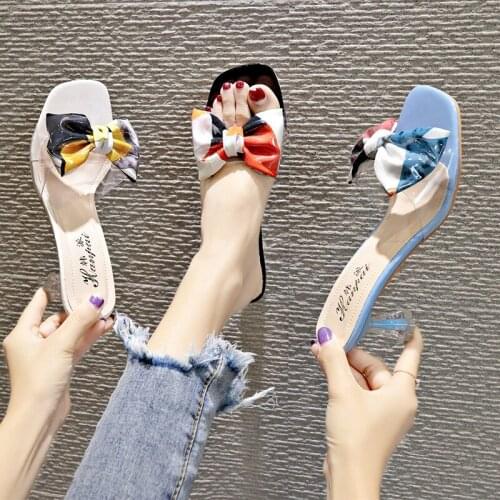 Printing silk bow high heels slippers women strange flower clear heels flip flops sexy transparent summer shoes with bowtie y955