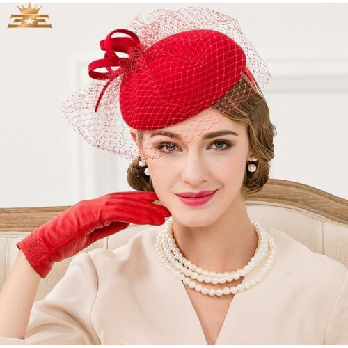 New Fedoras Hat Vintage England Women Wool Beret Hat Dotted Veil Mesh Fedora Hat Ladies Church Wedding Fedora Caps B-7539