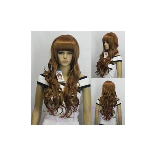 Shun Gorgeous Brown Long Wavy Full Bangs Fringe Fibre Hair Cosplay Anime Wig Ladies Heat Re sistant Synthetic hair Wigs
