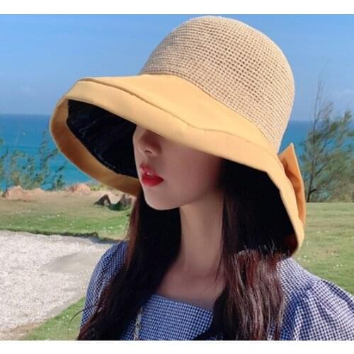 Foldable Womens Panama Bucket Hat New Summer Hollow Mesh Breathable Travel Straw Hat Multicolor Bow Decoration Female Beach Hat