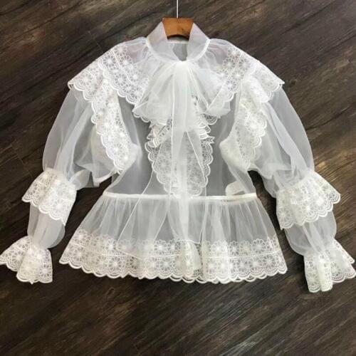 Royal Bows Sexy See Through High Street Sexy Womens Tops And Blouses Puff Sleeve Tunic Blouse Shirt Clothes White Women F008