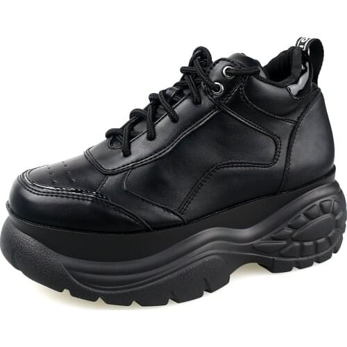 2020 Women Platform Sneakers Leather Ladies Chunky Heels Casual Shoes New Thick Soled Brand Black Wedges Sports For Woman