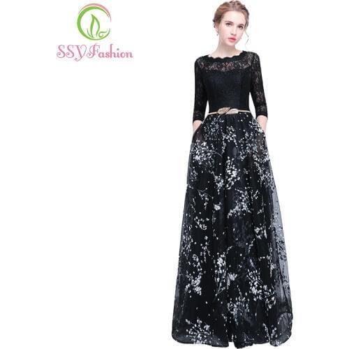 SSYFashion New Banquet Prom Dress The Bride Simple Black Lace Stitching 3/4 Sleeved Long Evening Party Gown Robe De Soiree