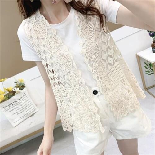 Summer Sexy Hollow Out White Lace Top Vest Sleeveless Waistcoat Women Open Stitch Cardigan Boho Beach Chalecos Para Mujer