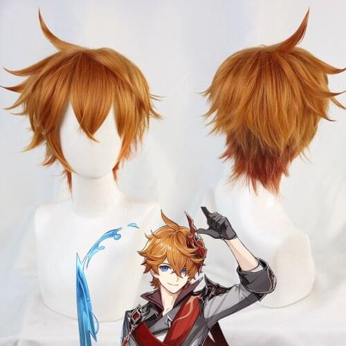 2 Colors Genshin Impact Tartaglia Cosplay Wig Childe Short Gradual Golden Brown Heat Resistant Hair Halloween Role Play