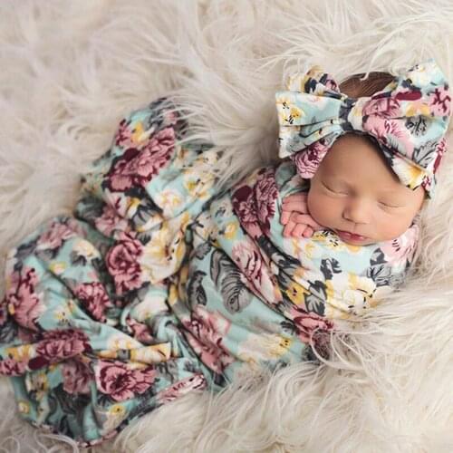 2Pcs Baby Swaddle Wrap Headband Set Floral Printed Soft Cotton Baby Swaddle Blankets Newbron Photography Props Accessories