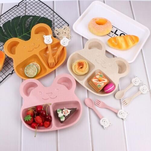3Pcs/Set Bamboo Cartoon Baby Feeding Plate Dishes Fork Spoon Children Tableware Set Infant Separation Feeding Tray Dinnerware