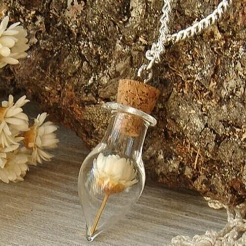 3PCS 30X8MM Glass Tear Drop mini Flower Necklace,Make a wish necklace,Pendant with real plants
