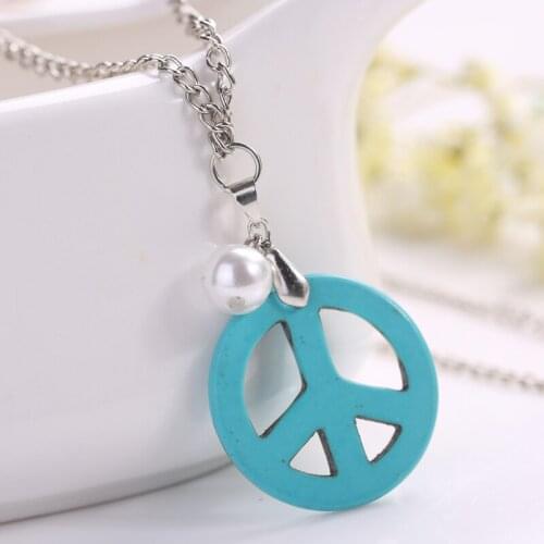 Turquoise Necklace Hot Sale Jewelry Ethnic Statement Trendy Healing Retro Bohemian Pearl Peace Mark Long Necklace
