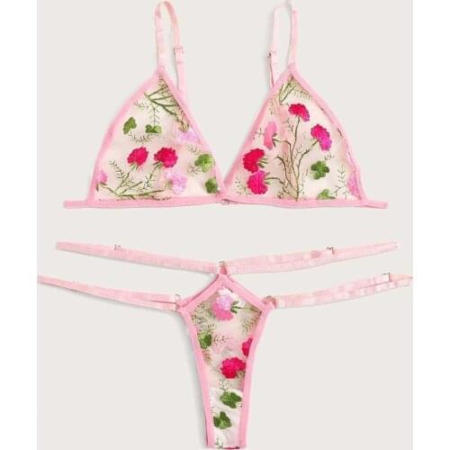 Floral Embroidery Transparent Lace Bra Thong Sexy Underwear Set Women Sexy Lingerie Set Lenceria Sensual Mujer Exotic Costumes