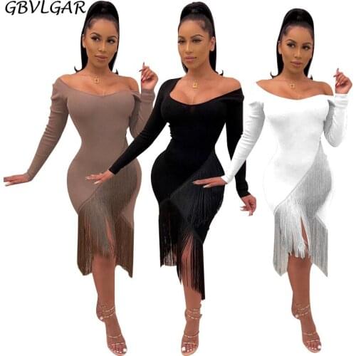 GBVLGAR 2020 Women Long Sleeve Tassel Party Clubwear Dress Sexy V Neck Bodycon Dress Casual Autumn Solid Slim Black Dresses