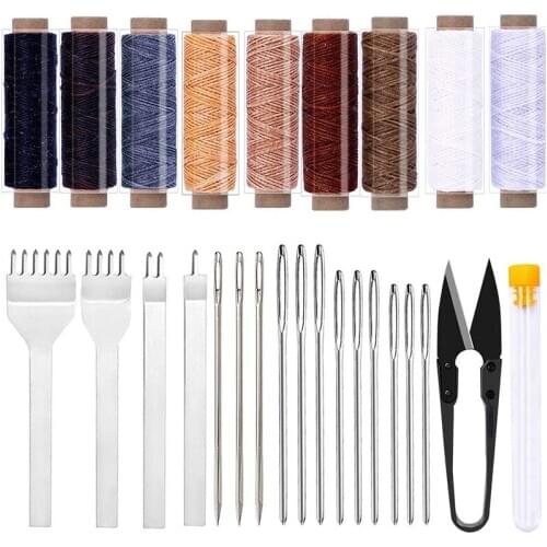 LMDZ Leather Craft Hand Stitching Tools, Leather Hole Punches Lacing Stitching Punch Tool Leather Waxed Thread and Needle