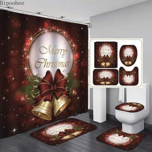 Bipoobee Merry Christmas Fabric Shower Curtain Set Bath Mats Rugs Bell Ribbon Bathroom Curtains Sets Anti Slip Mat Toilet Cover