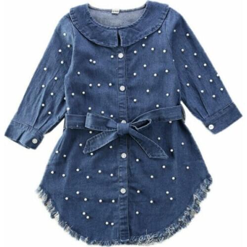 Fashion Autumn Kid Baby Girl Clothes Long Sleeve Pearl Denim Dress Blouse With Belt Princess Girls Dresses