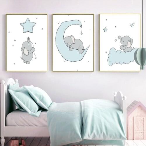 Cartoon Elephant Sleeping on the Moon Stars Cloud Wall Art Canvas Painting for Kids Children Baby Nursery Room Pictures Prints