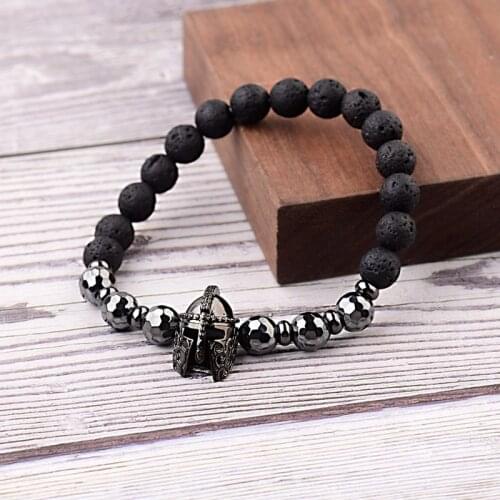 DUOVEI Roman Spartan Warrior Helmet 8mm Lava Hematite Beaded Bracelet For Men Natural Energy Stone Beads Stretch Bracelet