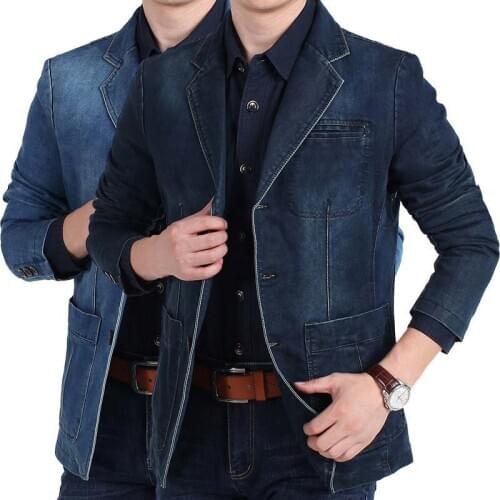 Mcikkny Mens Fashion Blazer Denim Jackets Business Cotton Loose Suit Outwear Coats For Male Top Clothing