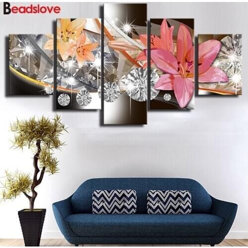 5 pcs Lily Flower diamond painting full square round drills mosaic Rhinestone painting Diamond embroidery living room decor