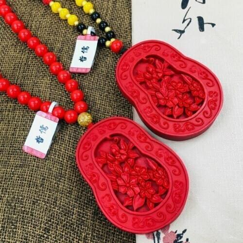 Zheru natural cinnabar carved carved good luck pendant with multi-color bead necklace exquisite men and women sweater chain