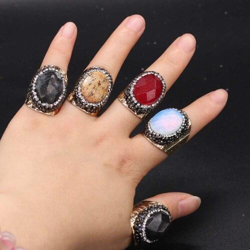 Natural Stone Rings Rose Quartzs Black Agates Diamon-Studded Section Stone Rings Egg Shape Charm Rings for Women Men Jewelry