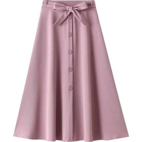 2021 New Spring Summer Pink Midi Skirt Women With Bow Fashion Korean Style High Waist A-Line Skirts Lady Sun School Skirt Female