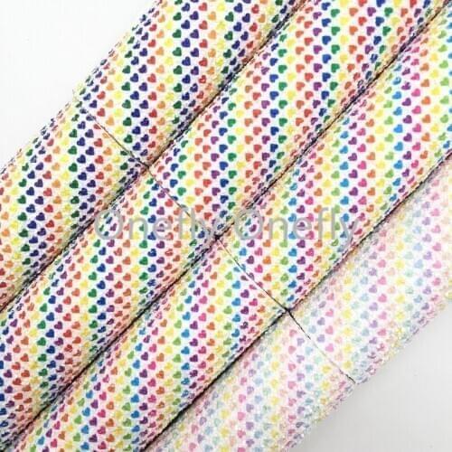 Onefly Rainbow Hearts Printed Glitter Leather Fabric With Soft Felt Backing, Synthetic Leather For Bow DIY handbags shoe FZ010A