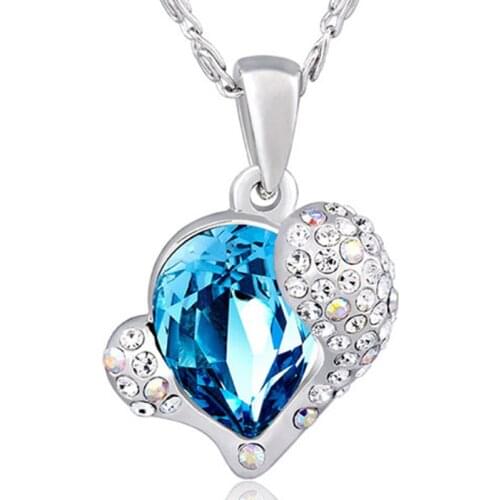 COCOM Ocean Blue Austrian Crystal Pendant Necklace Forever Love Heart Necklace for Women Girls Bijoux Femme Valentines Day Gift