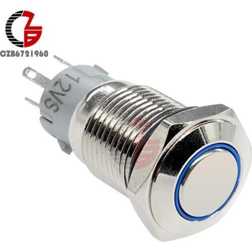 DC 12V 16mm Push Button Switch Blue LED Stainless Steel Control Switch for Car