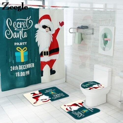 Christmas Style Santa Claus Print Polyester Waterproof Shower Curtain and Bath Mat Set Toilet U-Shaped Foot Mat Bathroom Rug Set