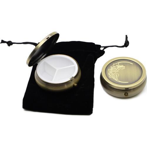Custom engraved presonalised round pill box with black velvet gift pouch