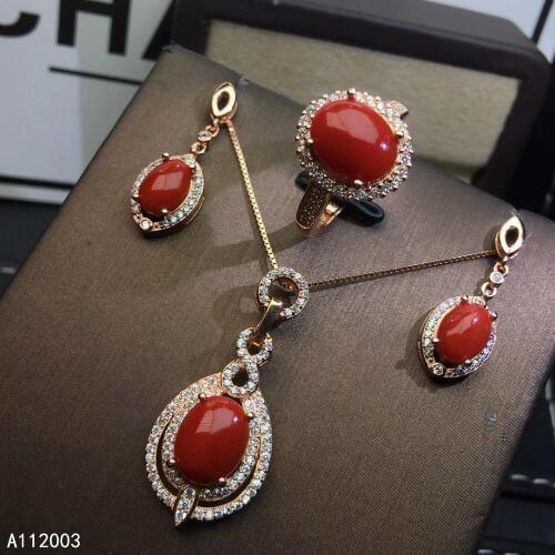 KJJEAXCMY Fine Jewelry 925 sterling silver inlaid natural red coral ring pendant earring set lovely supports test