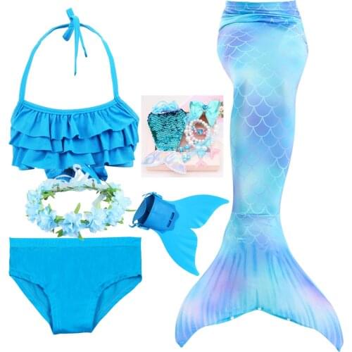 Blue Ariel Princess Little Mermaid Tail Swimsuit with Swimming Fins Baby Girls Swimwear Kids Party Fancy Dress Costumes