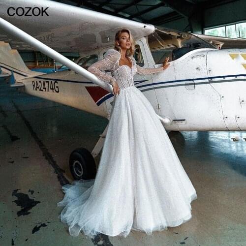 Boho A-Line Wedding Dresses Sweetheart Long Puff Sleeves Sequined Bridal Gowns Dubai Sexy Beading Brides Dress