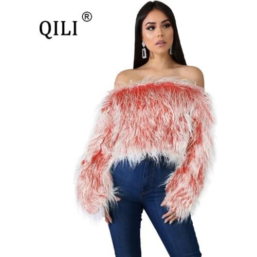 QILI Womens Off The Shoulder Sweater Word Shoulder Gradient Long Sweater Womens Short Top