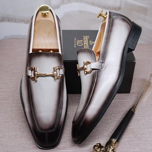 Fashion Brand Men Leather Shoes White Mix Black Horsebit Loafers Slip on Formal Men Dress Shoes Wedding Office Casual Shoes Men