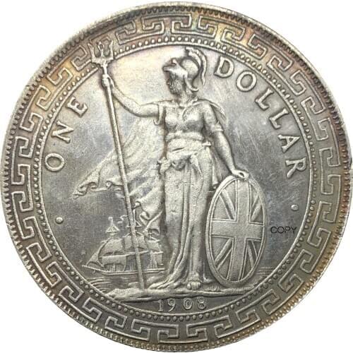 United Kingdom 1 Dollar British Trade Dollar 1908 One Dollar Cupronickel Plated Silver Hong Kong Yi Yuan Copy Coin