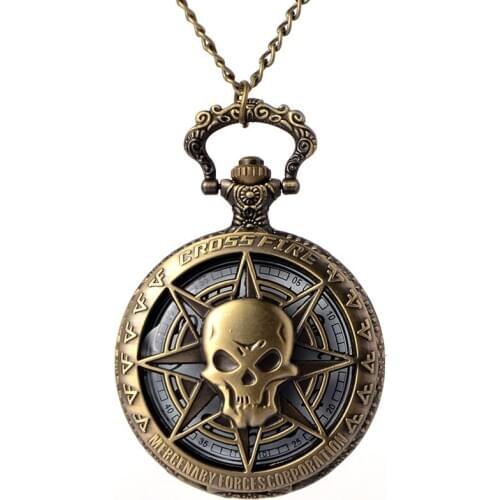 Vintage Bronze Quartz Pocket Watch Hollow Skull with Chain for Men Women Pendant Necklace