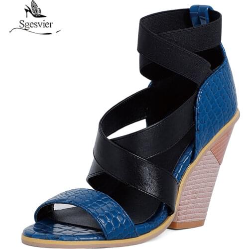 Sgesvier 2021 PU Leather Women High Heel Shoes Fashion Open Toe Wedges High Heel Women Sandals Dress Women Shoes Big Size 34-48