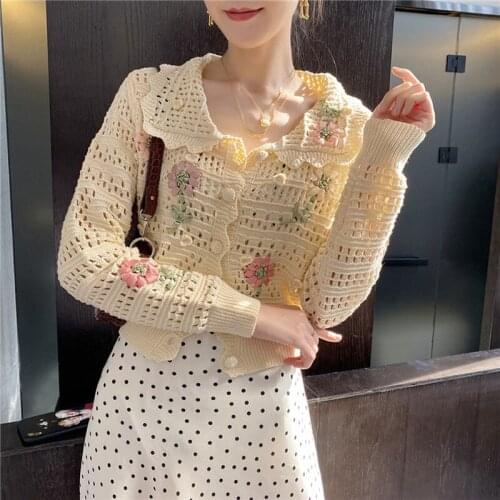 Hollow Out Cropped Cardigan Women 2020 Fall Embroidery Knitted Sweater Coat Doll Collar Single Breasted Cardigan Autumn Tops