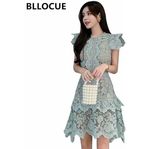 BLLOCUE 2020 Summer Runway Water Soluble Lace Dress Women Elegant O-Neck Sleeveless Hollow Out Irregular Dress
