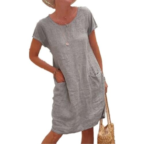 Women Casual Loose Mini Dress Pockets O-Neck Short Sleeve A-Line Linen Solid Dress Fashion Stylish Party Club Vestidos Plus Size