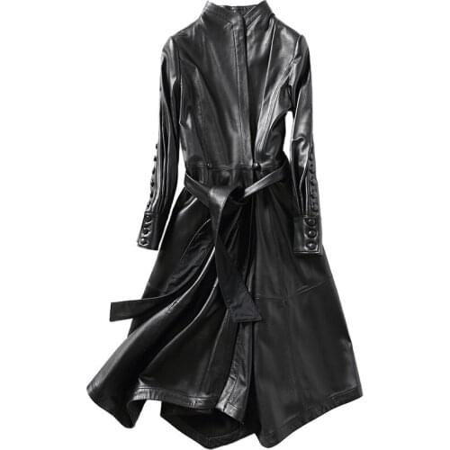 Genuine Sheepskin Leather Suede Coat with Belt Autumn Women X-Long Outerwear LF21006HH