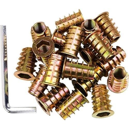 100Pcs 1/4inch-20 x 15mm Furniture Screw in Nut Threaded Wood Inserts Bolt Fastener Connector Hex Socket Drive