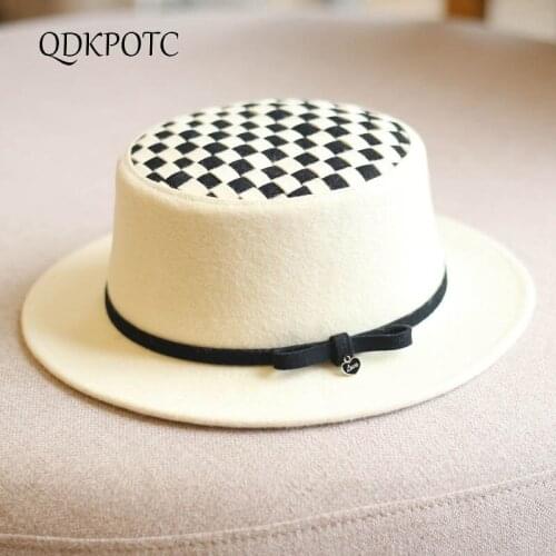 2021 Autumn Winter New Hat Wool Plaid Fedoras Fashion England Retro Elegant Women Bowknot Short Eaves Flat Top Jazz Cap QDKPOTC